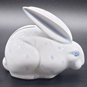 Abbott Collection Small White Porcelain Blue Spotted Rabbit Coin Bank w/Stopper